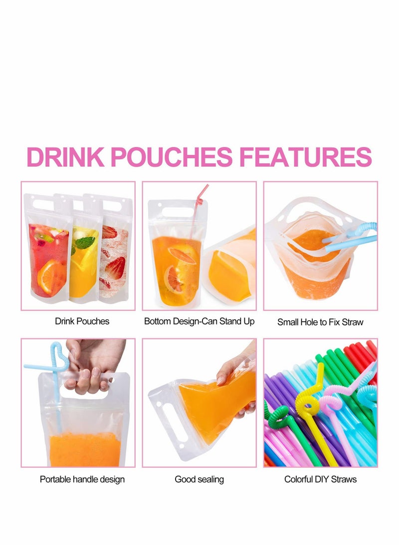SYOSI Drink Pouches for Adults, Reusable Juice Pouches for Drinks with Straws Silicone Funnel, 50 Pcs Hand-held Drink Bags Plastic Smoothie Pouches for Cold Hot Drinks  - Image 5
