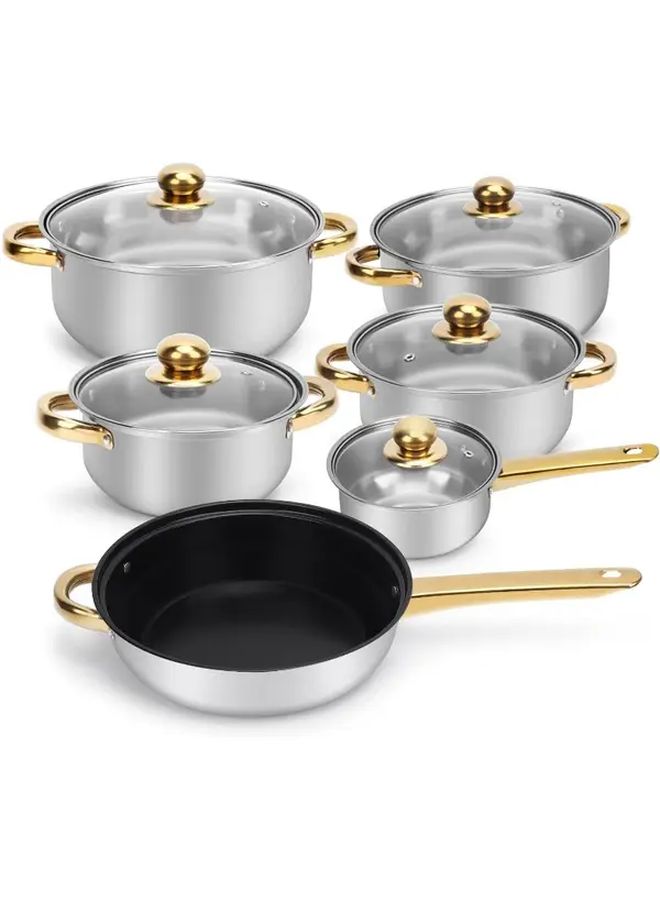 Stainless Steel 6 Piece Cookware Set With Glass Lids Golden Handles - Image 2