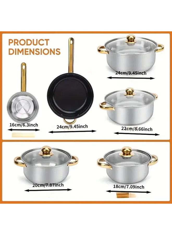 Stainless Steel 6 Piece Cookware Set With Glass Lids Golden Handles - Image 3
