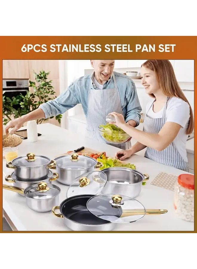 Stainless Steel 6 Piece Cookware Set With Glass Lids Golden Handles - Image 1