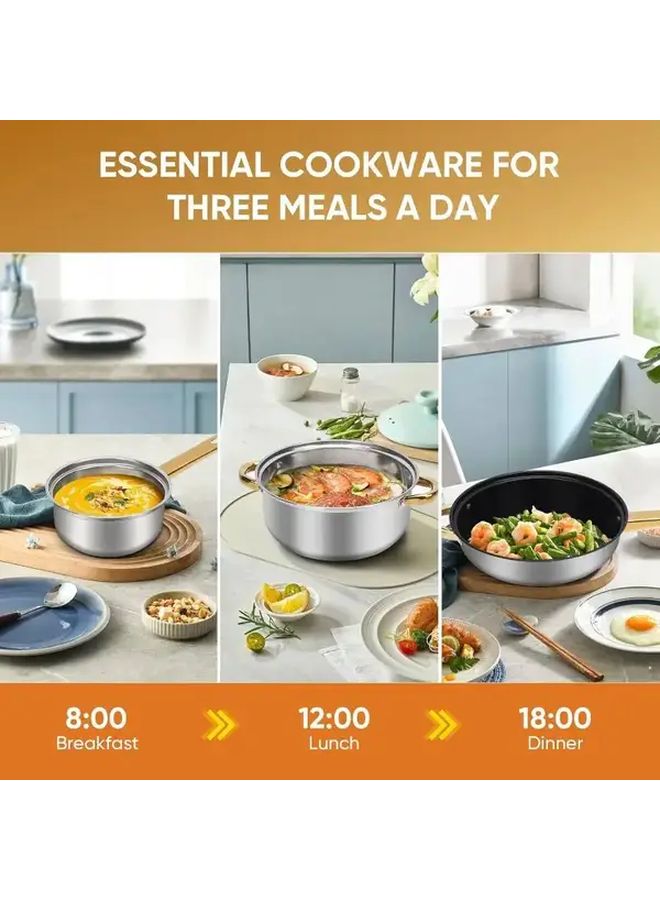 Stainless Steel 6 Piece Cookware Set With Glass Lids Golden Handles - Image 4