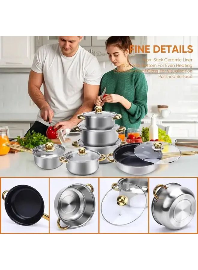 Stainless Steel 6 Piece Cookware Set With Glass Lids Golden Handles - Image 5