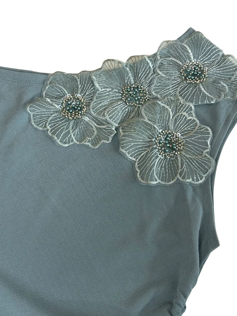 Outzidr  Teal Off-Shoulder Floral Embellishments Top for Women | Best Price UAE