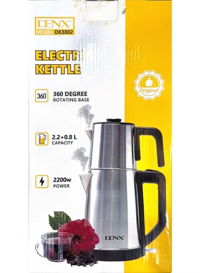 Denx Double Pot Electric Kettle, 2200W, with Removable Tea Filter, 2.2L Kettle Capacity, 0.8L Teapot, High-Speed ​​Tea Maker, Multifunctional Hot Water Dispenser, Turbo Kettle, DX3802 - Image 1