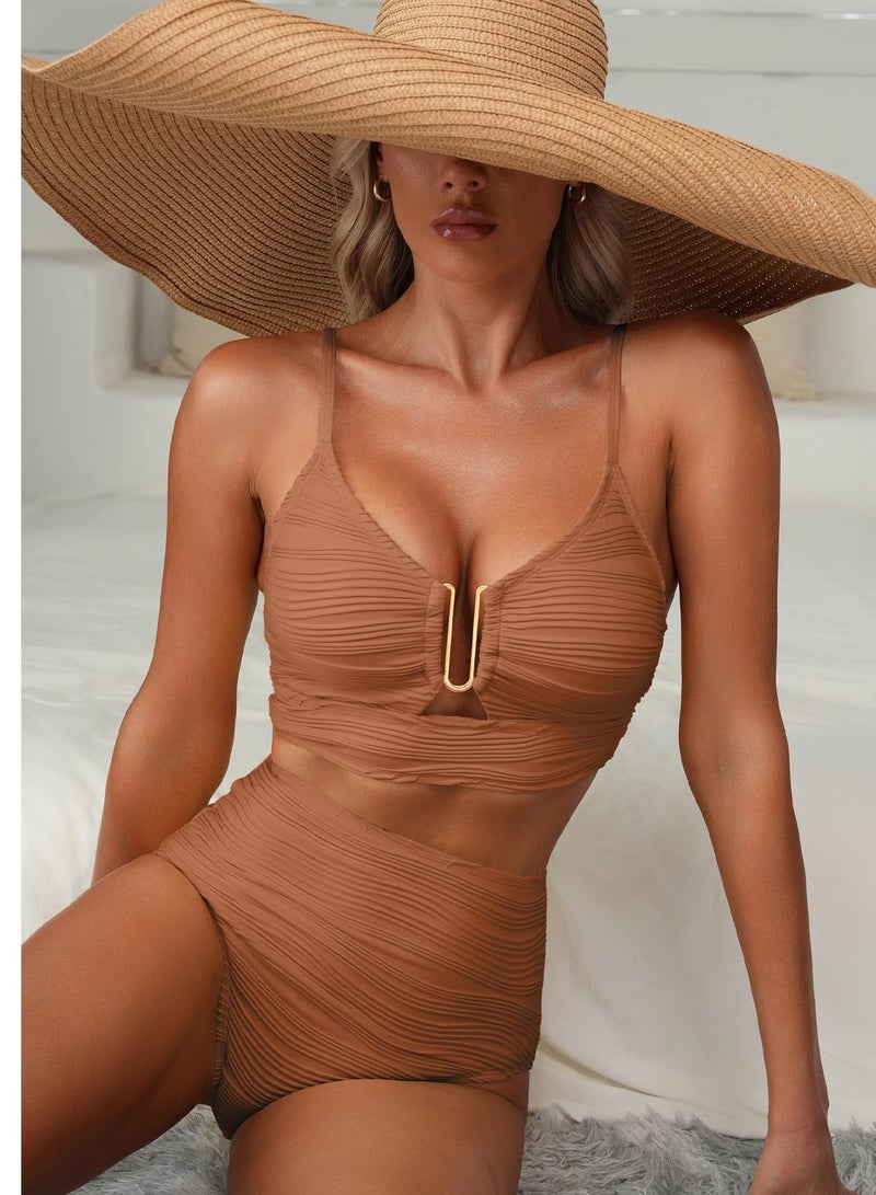 Herseas Women Popular Swimsuits 2 Piece U-Wired Push up Ribbed Ruched High Rise Bikini Sets Longline Modest Solid Swim Suit Wire Free Bathing Suit Cruise Essentials Caramel Large - Image 3