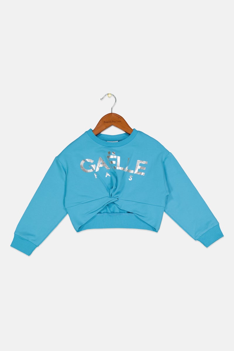 Gaelle Paris Kids Girl Crew Neck Long Sleeve Brand Logo Sweatshirt, Turquoise - Image 1