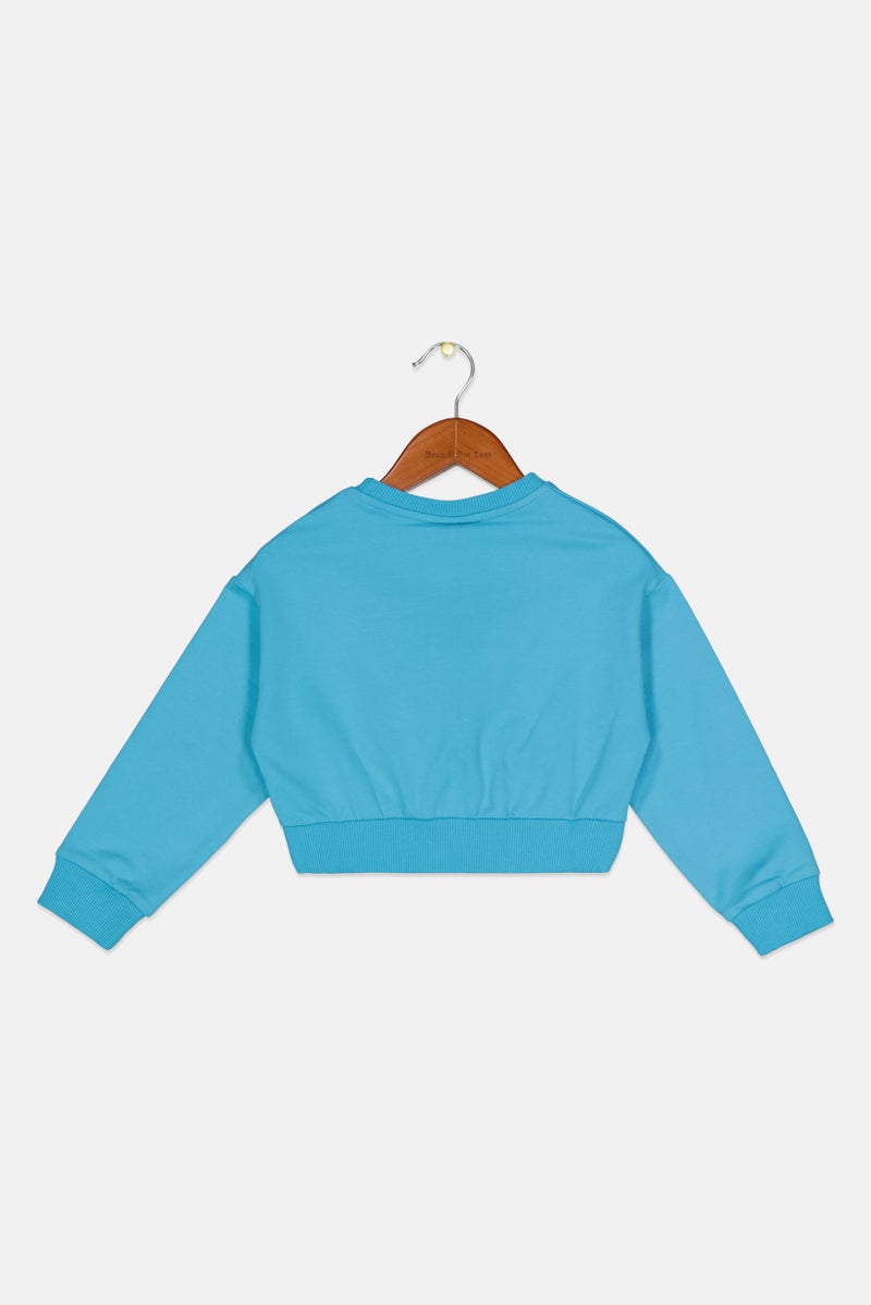 Gaelle Paris Kids Girl Crew Neck Long Sleeve Brand Logo Sweatshirt, Turquoise - Image 2