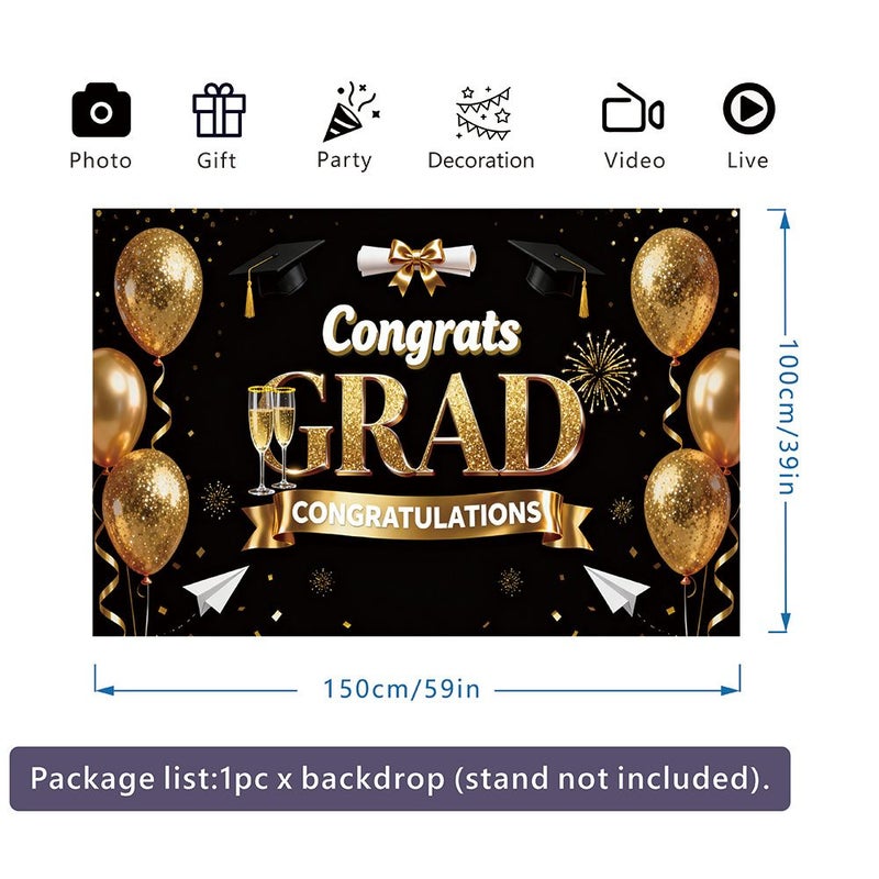 Black Gold Graduation Party Banner 150x100cm Durable Flat Backdrop - Image 2