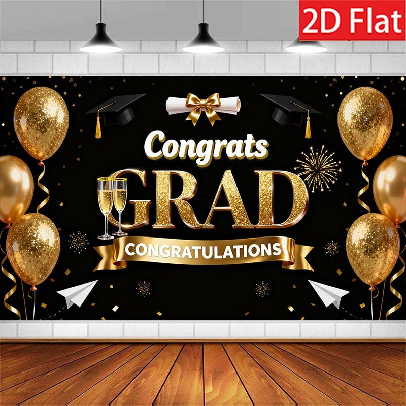 Black Gold Graduation Party Banner 150x100cm Durable Flat Backdrop - Image 1
