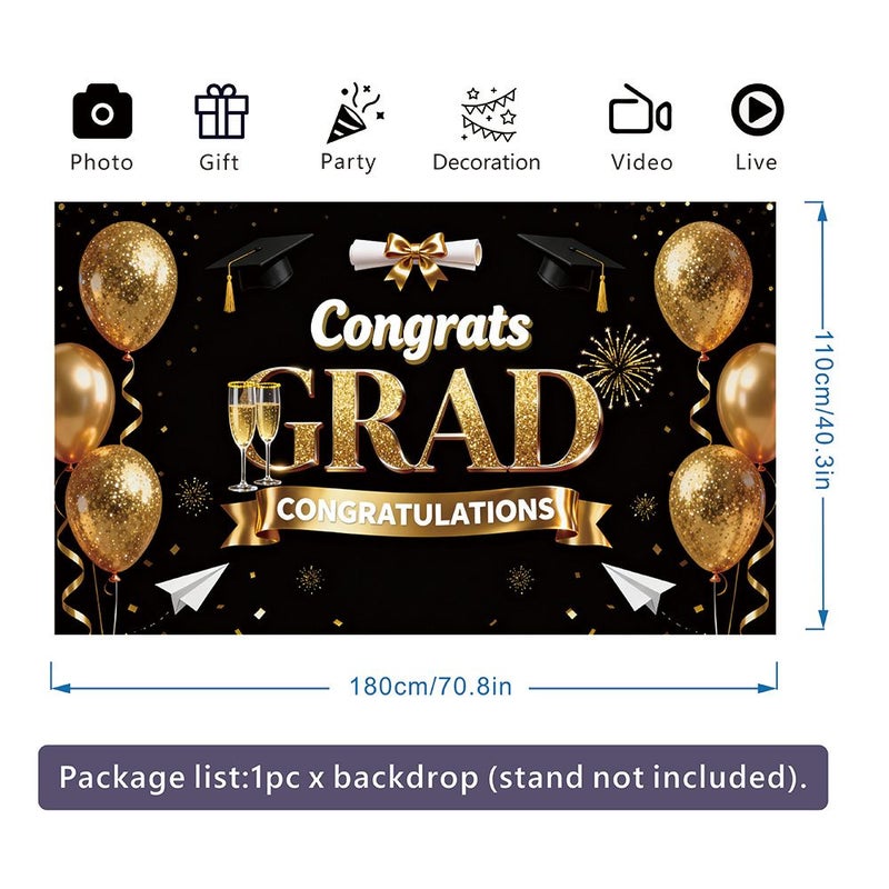 Black Gold Graduation Party Banner 150x100cm Durable Flat Backdrop - Image 3