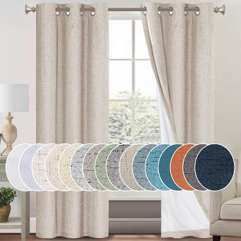PrinceDeco Primitive Textured Linen 100% Blackout Curtains for Bedroom/Living Room Energy Saving Window Treatment Curtain Drapes, Burlap Fabric with White Thermal Insulated Liner (42 x 84in, Natural) - Image 1