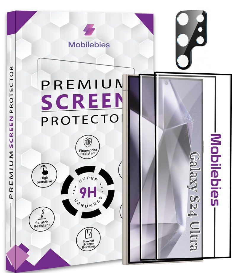 Mobilebies® 2+1 Pack for Samsung S24 Ultra Screen Protector Set, 2 Tempered-Glass Screen Protectors and 1 Set of Camera Lens Protectors Edge to Edge Coverage With Easy to installation kit - Image 1
