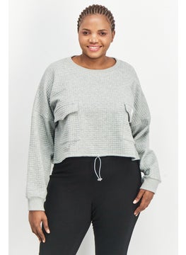Sixth June Women Curvy Fit Crew Neck Long Sleeve Textured Sweatshirt, Grey  - Image 1