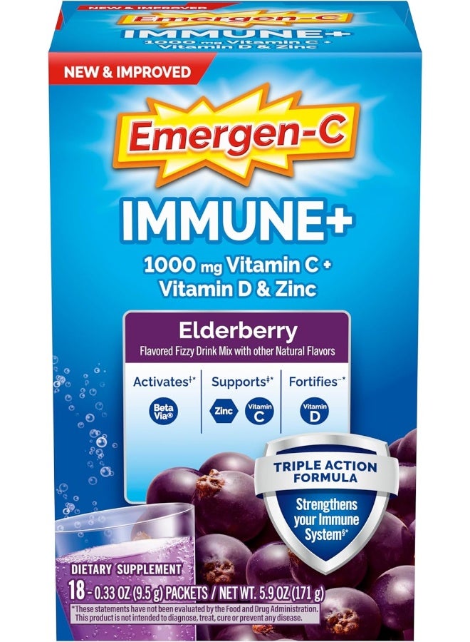 Emergen-C Immune+ Vitamin C 1000mg (18 Count, Elderberry) Dietary Supplement Fizzy Drink Mix Powder Packets - Image 1