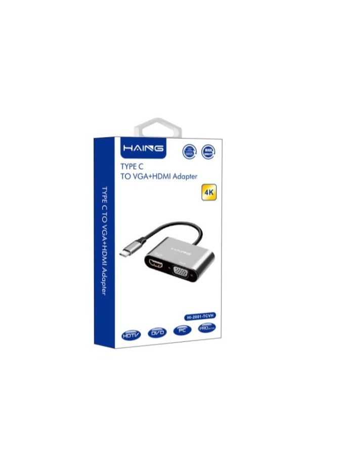 Haing USB C to HDMI VGA Adapter, Type C to VGA to USB C Thunderbolt 3 for Dual Monitor Adapter  - Image 1