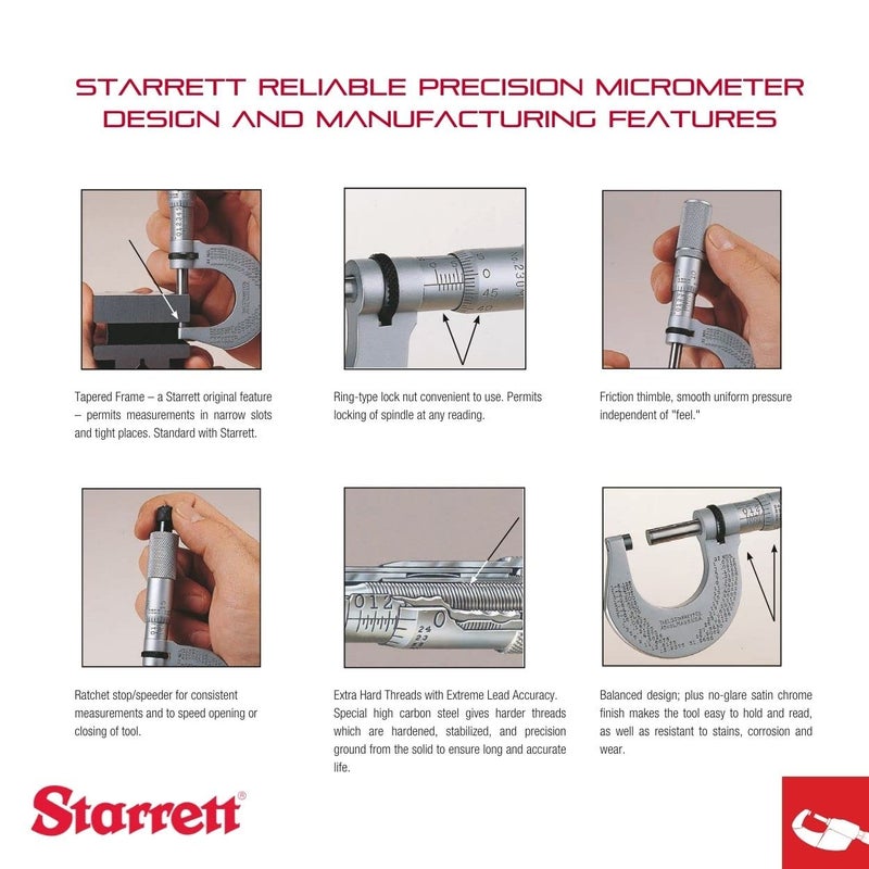 Starrett ميكرومتر خارجي مع عمود قطعة واحدة، تشطيب كروم ساتين وتصميم متقدم للغلاف - ضبط سريع وسهل، نطاق 0-1"، تخرج .001" - 436.1XRL-1 - Image 3