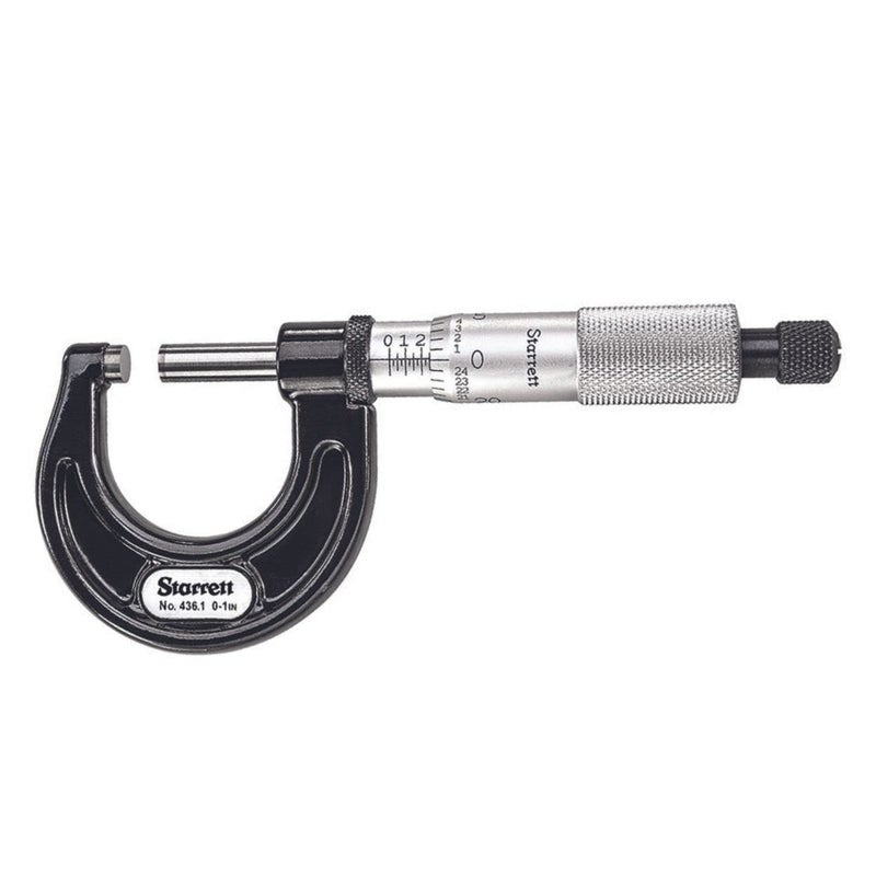 Starrett ميكرومتر خارجي مع عمود قطعة واحدة، تشطيب كروم ساتين وتصميم متقدم للغلاف - ضبط سريع وسهل، نطاق 0-1"، تخرج .001" - 436.1XRL-1 - Image 1