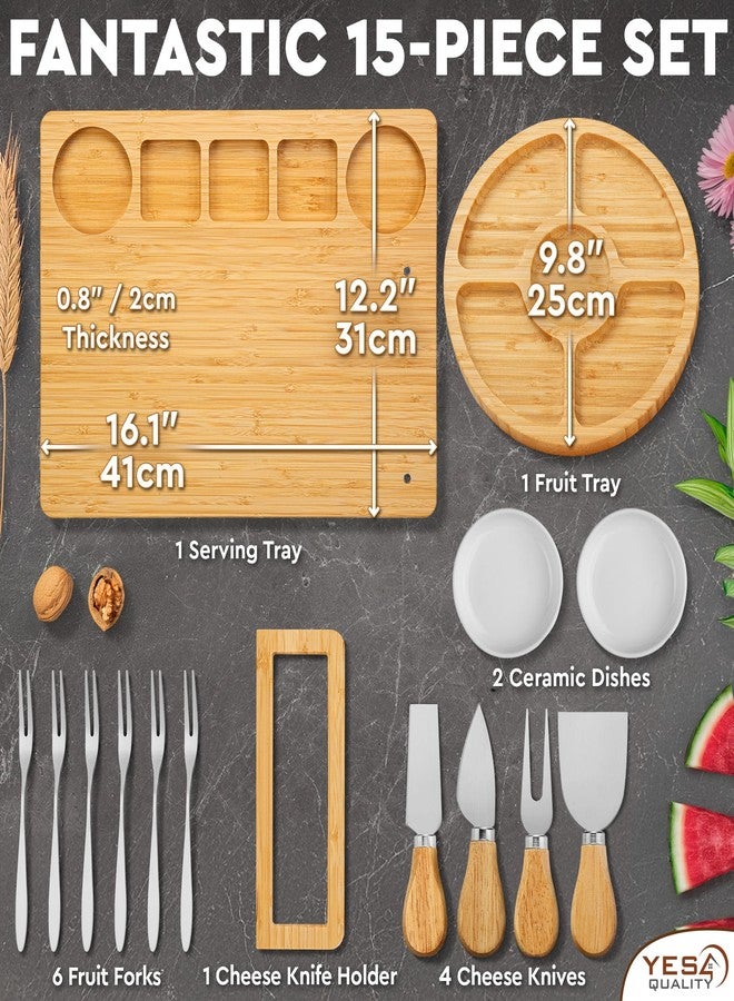 YES4QUALITY Charcuterie Boards Premium Gift Set - 15 Pieces, Bamboo - Large Cheese Board Plus Fruit Tray for Thanksgiving Party, or Birthday w/Magnetic Cheese Knives Holder, Fruit Forks & More - Image 4