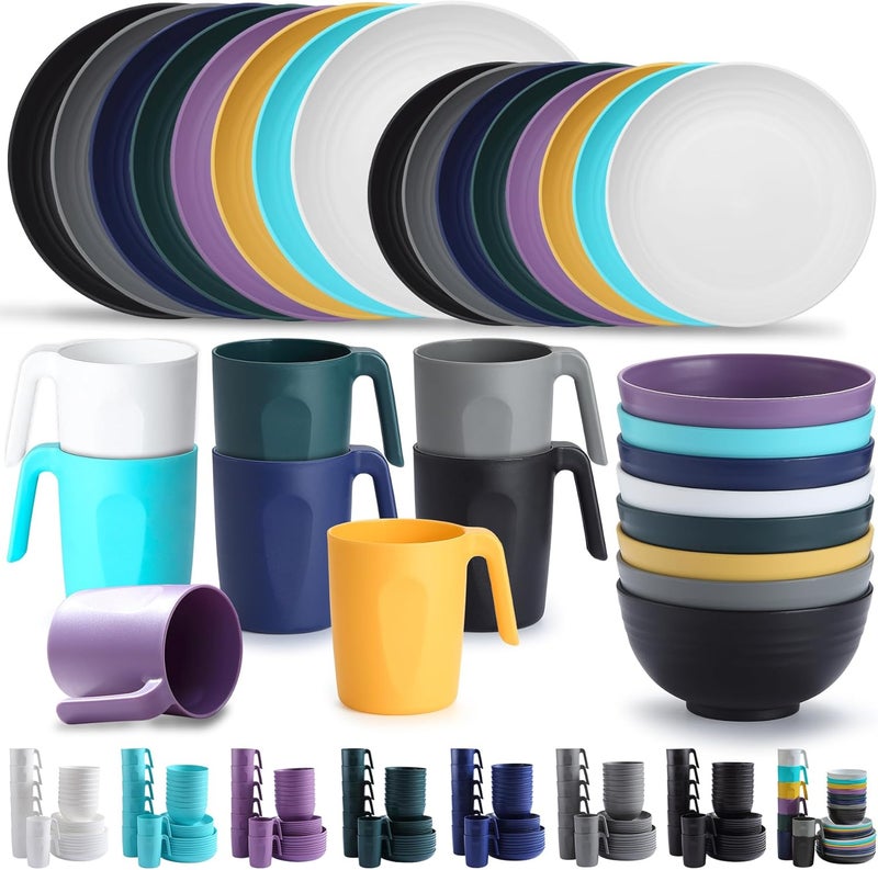 Kyraton Plastic Dinnerware Sets of 32 Pieces Service For 8, Unbreakable And Reusable Light Weight Plates Mugs Bowls Dishes Easy to Carry And Clean Microwave Safe BPA Free Dishwasher Safe - Image 1