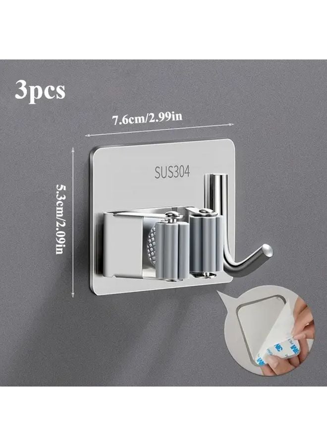 3Pcs Stainless Steel Broom Mop Holder Self Adhesive Wall Mount For Kitchen Bathroom - Image 3