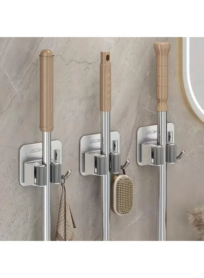 3Pcs Stainless Steel Broom Mop Holder Self Adhesive Wall Mount For Kitchen Bathroom - Image 2