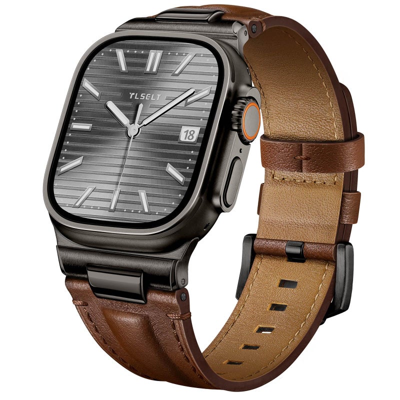 Tlselt Leather Band for Apple Watch Ultra 3/Ultra 2 Bands 49mm 46mm 45mm 44mm, Top Genuine Leather Designer Replacement Strap for iWatch Ultra 3 2 1 SE series 11 10 9 8 7 6 5 4 3 - Image 1