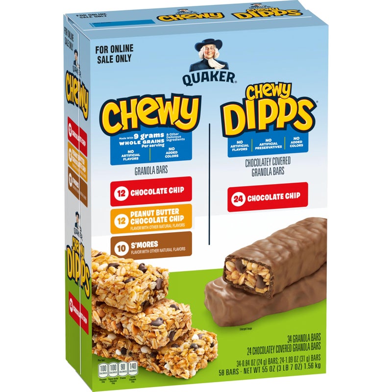 Quaker Chewy Granola Bars, Chewy & Dipps Variety Pack, (58 Bars), Whole Grains, No Artificial Flavors, No Added Colors - Image 1