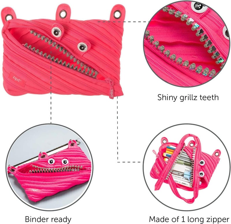 ZIPIT Grillz 3-Ring Binder Pencil Pouch, Large Capacity Pen Case for Kids and Teens, Made of One Long Zipper! (Pink) - Image 4