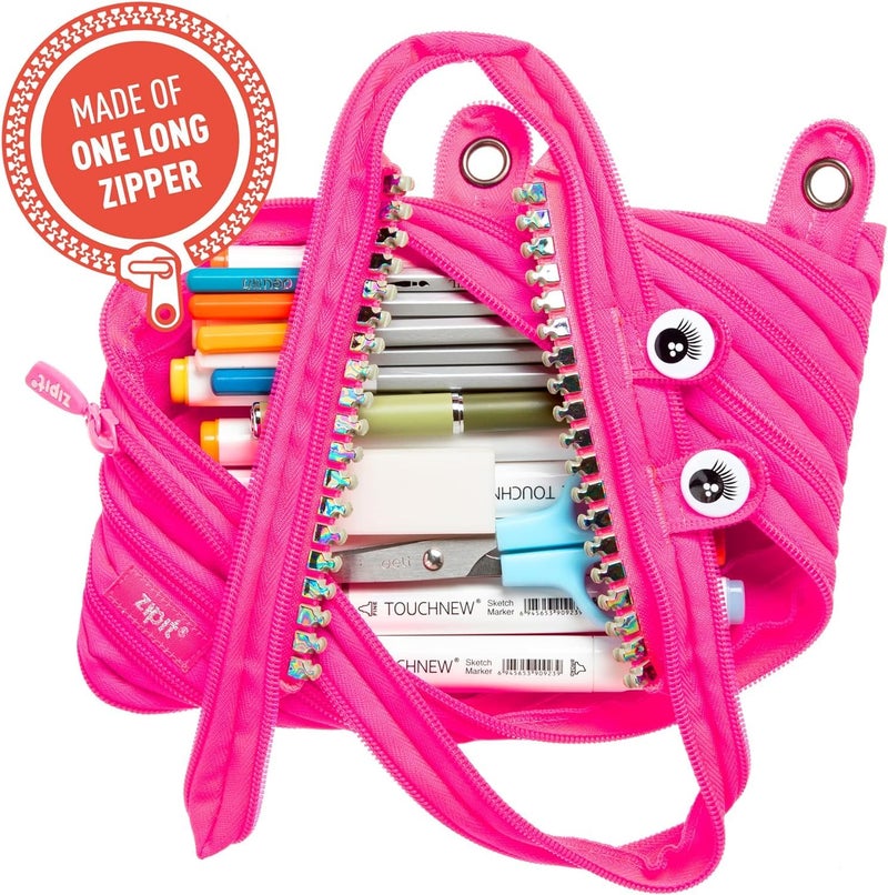 ZIPIT Grillz 3-Ring Binder Pencil Pouch, Large Capacity Pen Case for Kids and Teens, Made of One Long Zipper! (Pink) - Image 2