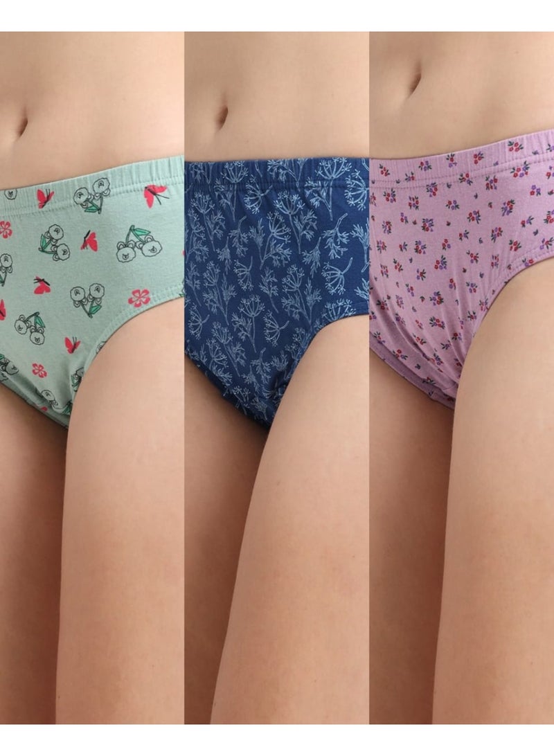 DUJE Women’s Printed Panties (3-Pack Combo – Green, Blue & Purple) | 95% Cotton 5% Spandex | Stretchable, Breathable, Sweat-Absorbing, Anti-Bacterial & Odour-Free - Image 1