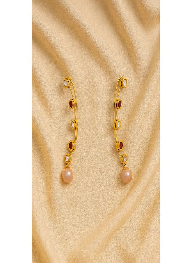 JFL - Grand Glorious Red One Gram Gold Plated Kundan n Pearl Ear Cuff For Women,Valentine - Image 2