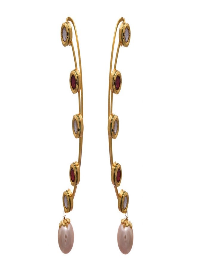 JFL - Grand Glorious Red One Gram Gold Plated Kundan n Pearl Ear Cuff For Women,Valentine - Image 3