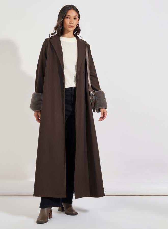 Styli Collared Abaya with Faux Fur Trim Cuff - Image 1