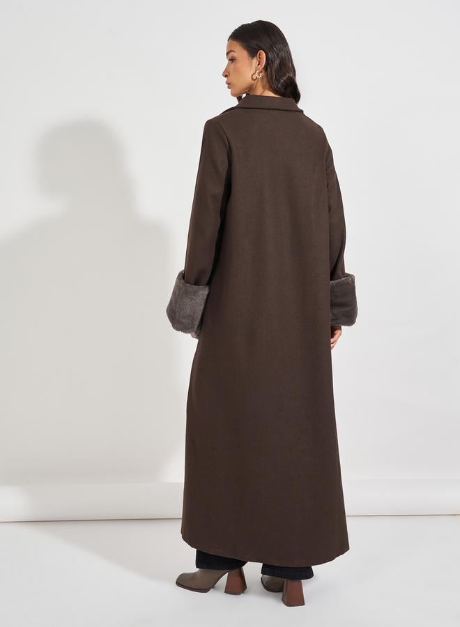 Styli Collared Abaya with Faux Fur Trim Cuff - Image 5