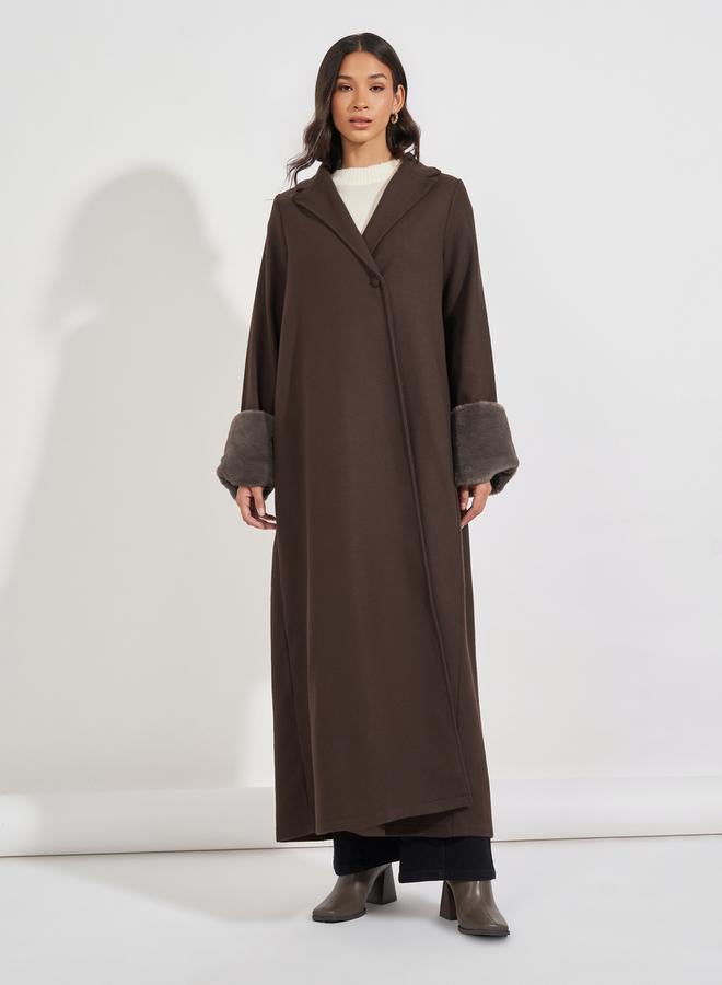 Styli Collared Abaya with Faux Fur Trim Cuff - Image 2