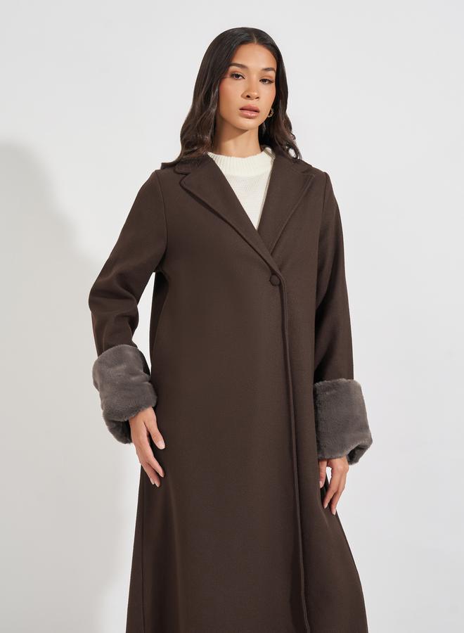 Styli Collared Abaya with Faux Fur Trim Cuff - Image 3