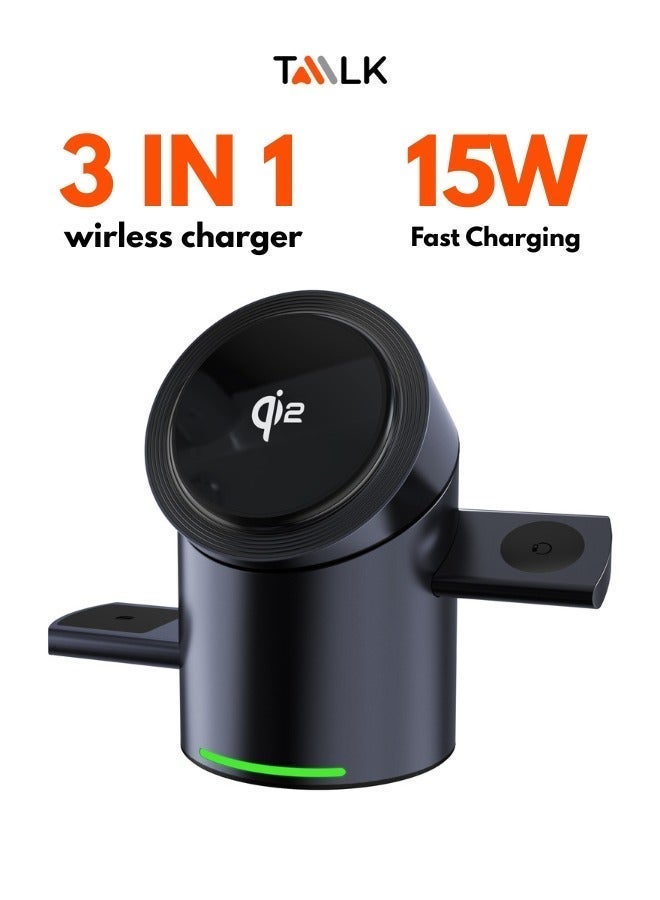 Taalk 3 in 1 Rotation Wireless Charging Station | 15W Fast MagSafe-Compatible Charger for iPhone 12–17, Apple/Samsung Watch & Earbuds | Pop-Up Design | Qi2 Technology - Image 1