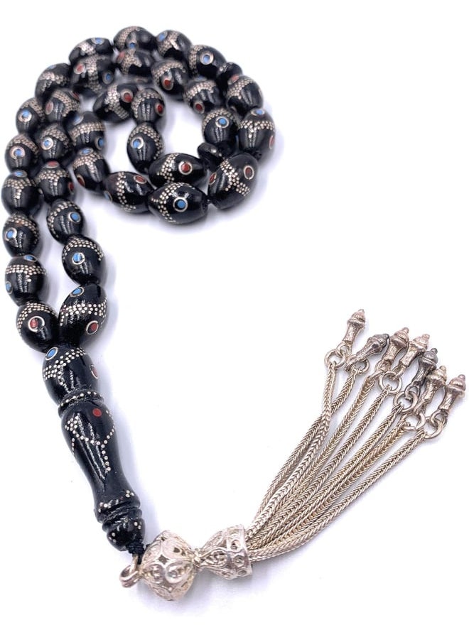 ماركة غير محددة - سبحة اليسر المرجان الاسود مشغولة بالفضة النقية 33 - Image 1