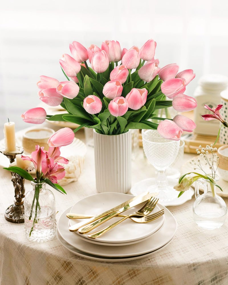 MACTING 30 PCS Artificial Tulip Flowers 13.7" Real Touch Fake PU Tulips Bouquet Faux Flowers for Floral Arrangements Table Centerpiece Kitchen Home Mothers Day Easter Spring Decorations(Peach Pink) - Image 5