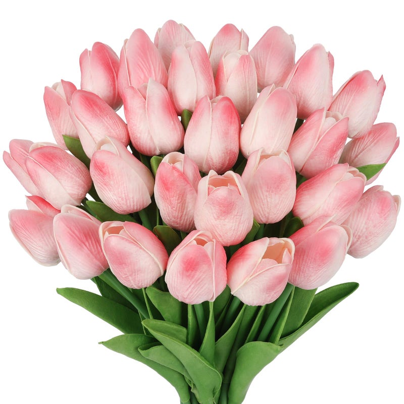 MACTING 30 PCS Artificial Tulip Flowers 13.7" Real Touch Fake PU Tulips Bouquet Faux Flowers for Floral Arrangements Table Centerpiece Kitchen Home Mothers Day Easter Spring Decorations(Peach Pink) - Image 1