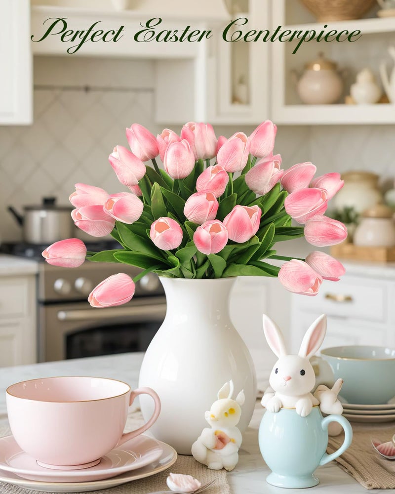 MACTING 30 PCS Artificial Tulip Flowers 13.7" Real Touch Fake PU Tulips Bouquet Faux Flowers for Floral Arrangements Table Centerpiece Kitchen Home Mothers Day Easter Spring Decorations(Peach Pink) - Image 2