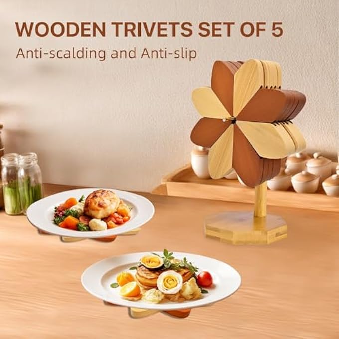 KASTWAVE Set Of 5 Foldable Wooden Trivets With Stand  Heat Resistant Hot Pads For Pots And Pans Windmill Shape Artisanal Kitchen Table Protectors Durable Foldable Wood Hot Dish Coasters - Image 2