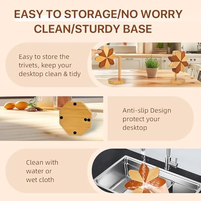 KASTWAVE Set Of 5 Foldable Wooden Trivets With Stand  Heat Resistant Hot Pads For Pots And Pans Windmill Shape Artisanal Kitchen Table Protectors Durable Foldable Wood Hot Dish Coasters - Image 5