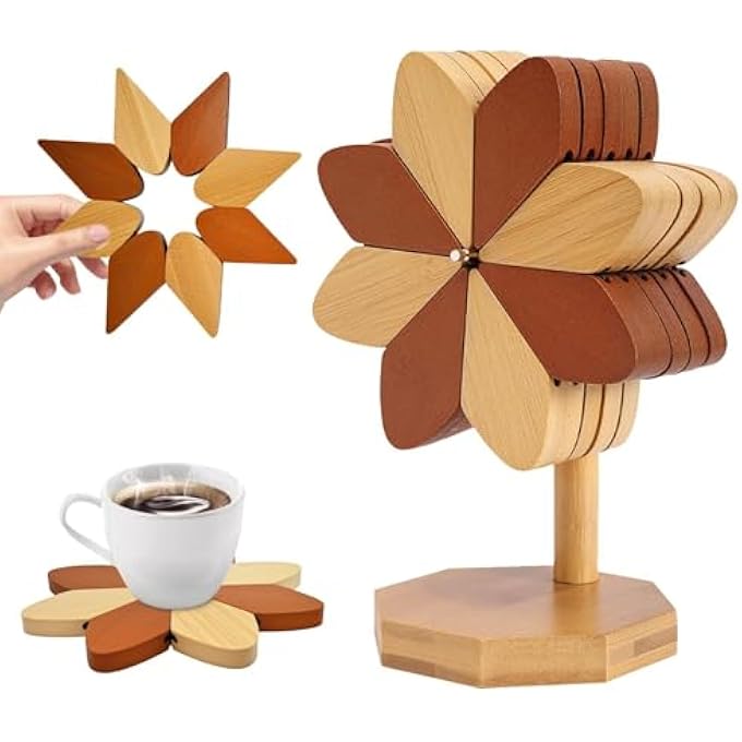 KASTWAVE Set Of 5 Foldable Wooden Trivets With Stand  Heat Resistant Hot Pads For Pots And Pans Windmill Shape Artisanal Kitchen Table Protectors Durable Foldable Wood Hot Dish Coasters - Image 1