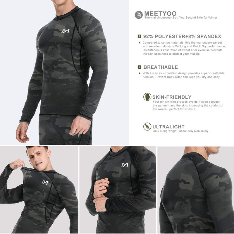 MEETYOO Thermal Underwear for Men, Winter Gear Long Johns Base Layer Top and Bottom Set for Skiing Running, Camo, Large - Image 4