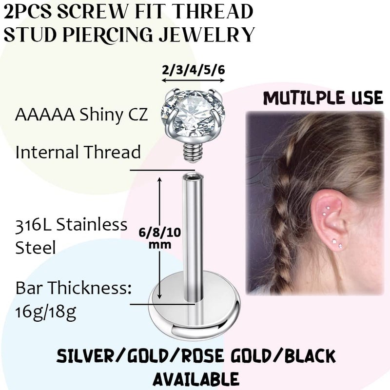 PunkTracker 16g/18g Surgical Steel Internal Thread CZ Stud Piercing Jewelry for Tragus/Nose/Helix/Conch/Medusa/Lip/Labret - Helix Tragus Cartilage Earring for Women Men 2PCS - Image 2