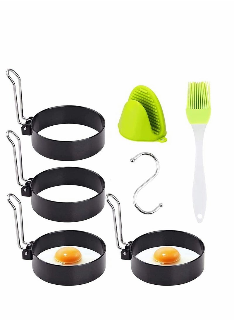 SYOSI Egg Ring Mold 4 Pack Stainless Steel Non-Stick Metal Circle Shaper Round Egg Cooker Rings Maker Set For Frying Mcmuffin Shaping Eggs Sandwiches With Silicone Brush S-Shaped Hook Oven Glove  - Image 1