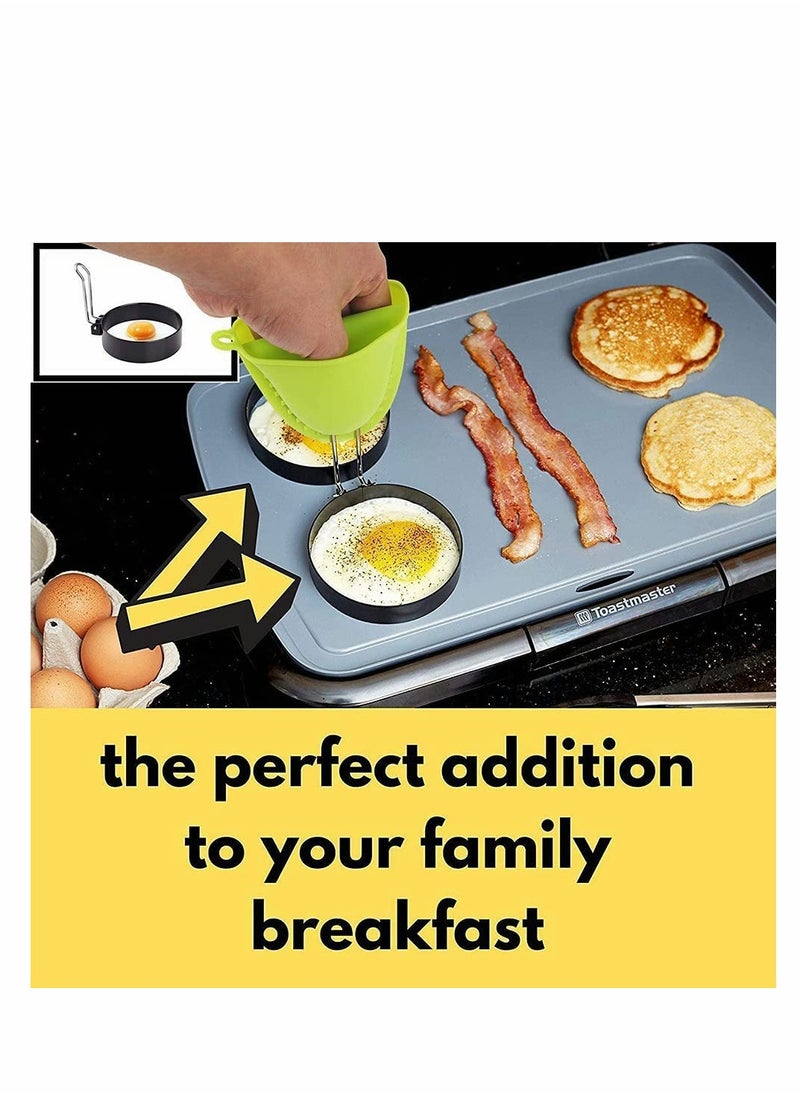 SYOSI Egg Ring Mold 4 Pack Stainless Steel Non-Stick Metal Circle Shaper Round Egg Cooker Rings Maker Set For Frying Mcmuffin Shaping Eggs Sandwiches With Silicone Brush S-Shaped Hook Oven Glove  - Image 3
