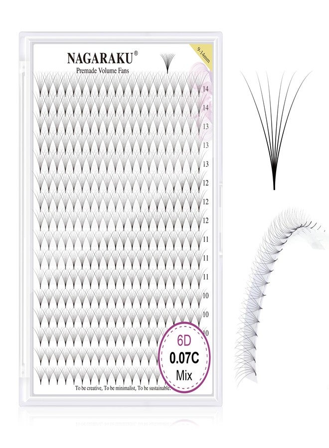 NAGARAKU Premade Fans Eyelash Extensions Thin Pointy Base 6D Volume Sharp Narrow Stem 0.07mm C curl 9-14mm Mix Clusters Russian Pre Fanned Fluffy Matte Black - Image 1