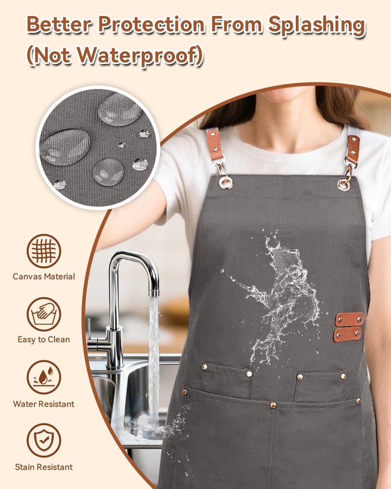 Teskyer Kitchen Cooking Apron with 4 Pockets, Water Oil Resistant, Canvas Cross Back Aprons for Men Women Chef Server - Grey - Image 3